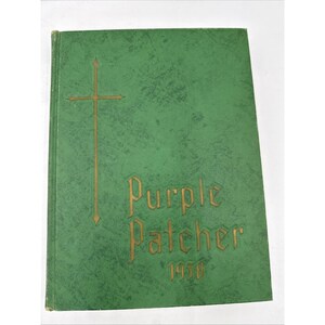 May include: A green hardcover book titled "Purple Patcher 1958" with a gold cross and lettering. The cover has a textured appearance. The book is likely a yearbook or commemorative publication.