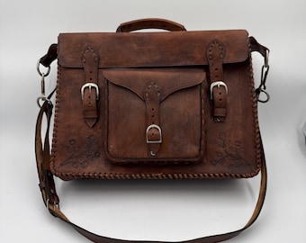 Vtg Brown Tooled Leather Steampunk Bag Messenger Satchel Briefcase