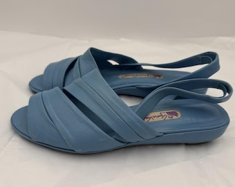 Vintage GLORIA VANDERBILT Blue Leather FLATS open toe Shoes sandals Sz 7