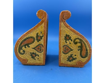Vtg Mid Century Modern Italy Bitossi Pottery Bookends Yellow Paisley Lot Of 2