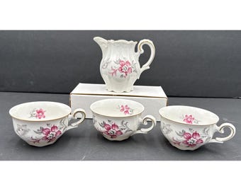 Vintage Germany U.S. Zone 3 Demitasse Cups & Creamer Pink Floral Gold
