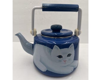 Vtg Enamel White Cat Martin Leman Kettle Metal Teapot Wood Handle Tail Spout