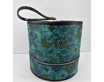 VTG 60s Floral Hat Box Train Case Round Travel Vanity Storage Blue Green Retro round train case products for sale | eBay main image 4