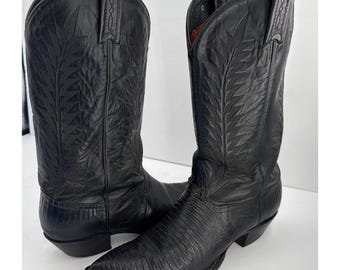 Botas vintage Dan Post Snip Toe Lizard para mujer, talla 9 1/2 M, cuero negro, estilo western, fabricadas en EE. UU.