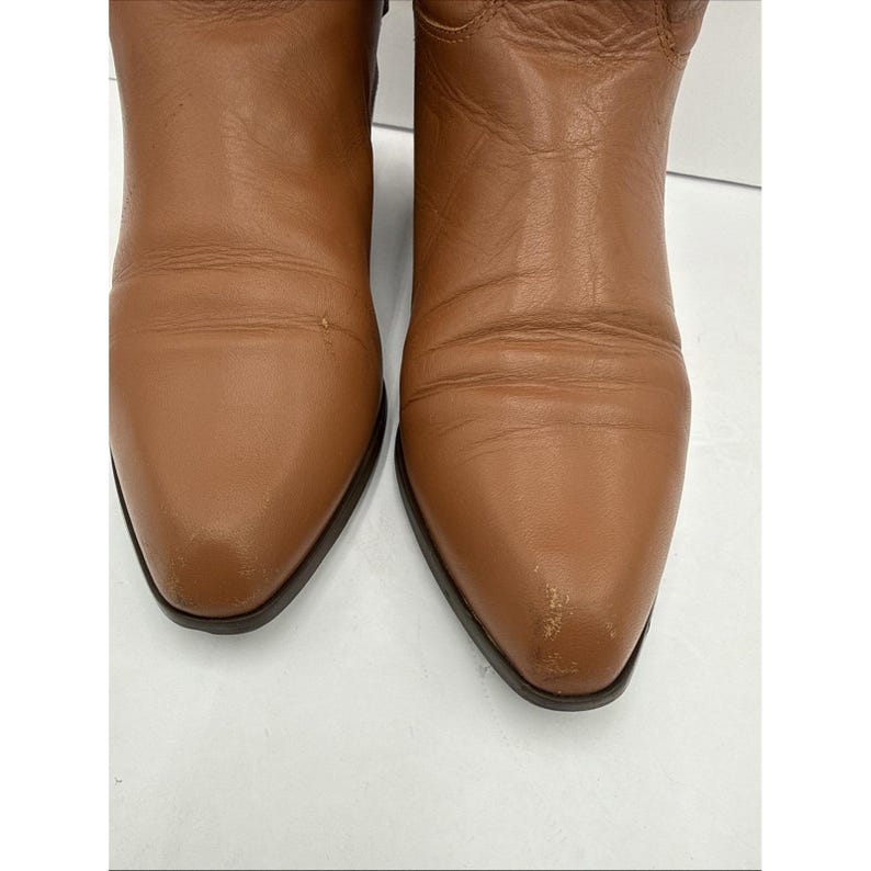 Vtg 80s Brown Camel Leather Slouch Boots Flat Heel Under Knee Size 8 1/2 image 4