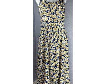 Vestido midi vintage con estampado de girasoles, talla 8 pequeña, estilo cottagecore, sin mangas, años 80