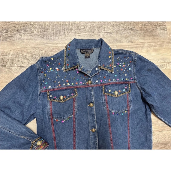 Vtg New Direction Jean Jacket Womens Beaded Floral Embroidered Y2K