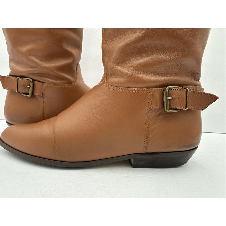 Vtg 80s Brown Camel Leather Slouch Boots Flat Heel Under Knee Size 8 1/2 image 2