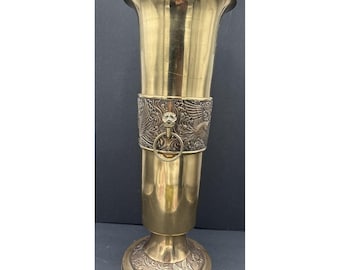 Vintage Brass Umbrella Stand Lion Head Ring Embossed Birds Ornate Regency Vase