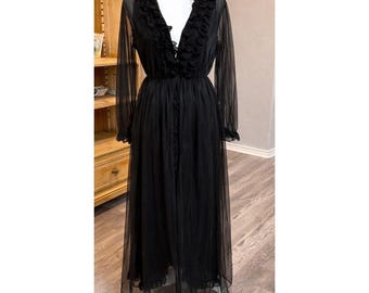 Vintage Schwarzes Schiere Chiffon Nachthemd Robe Set Gothic Witchy Maxikleid Gothic M