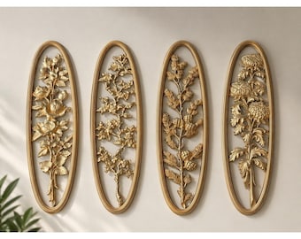 Juego de 4 placas de pared florales vintage Burwood Four Seasons en color dorado, estilo MCM, 21,5 pulgadas.