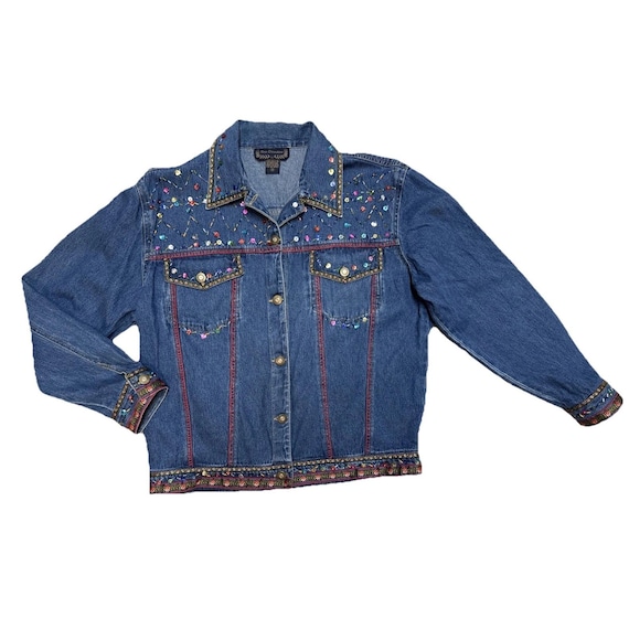 Vtg New Direction Jean Jacket Womens Beaded Floral Embroidered Y2K