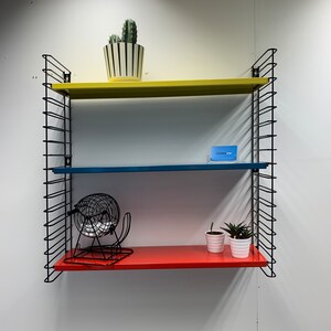 May include: A black metal shelf unit with three shelves. The top shelf is yellow, the middle shelf is blue, and the bottom shelf is red. There is a small cactus plant in a white pot on the top shelf, a small blue card with white text on the middle shelf, and a small black and white lottery cage and two small potted plants on the bottom shelf.