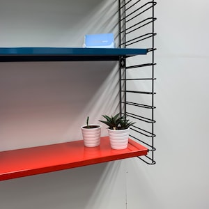 May include: A black metal shelf unit with two shelves. The top shelf is blue and the bottom shelf is red. Two small white pots with plants are on the bottom shelf.