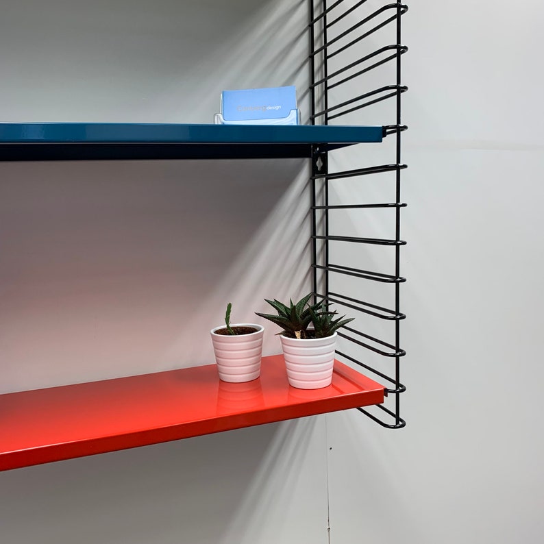 May include: A black metal shelf unit with two shelves. The top shelf is blue and the bottom shelf is red. Two small white pots with plants are on the bottom shelf.