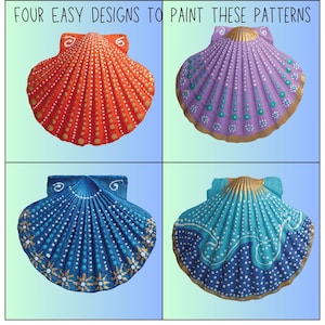 Puede incluir: Cuatro diseños de conchas marinas pintadas en naranja, morado, azul y turquesa. Cada concha presenta patrones únicos de puntos y líneas con detalles dorados. El texto en la parte superior dice "FOUR EASY DESIGNS TO PAINT THESE PATTERNS".