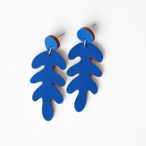 Blue coral branch wooden dangle earrings - Matisse inspired