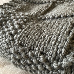 May include: Close-up of a grey knitted fabric with a textured pattern. The fabric is soft and fluffy, with a subtle sheen.