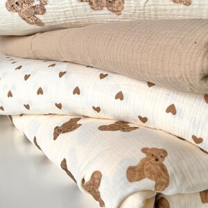 100% Cotton Double Gauze Fabric .Teddy Bear, Hearts  on Cream Background . Muslin Fabric  for sewing. Prised by half ,metre.