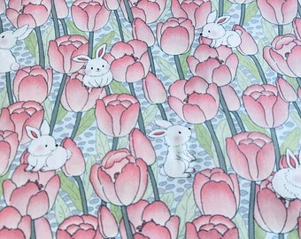 Cute Easter Bunny & Spring Flowers - 100% Cotton Fabric . Priced by half metre.
