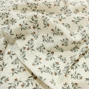 Olive Branch Fabric Olives Print Green Leaf Tree Double Gauze Fabric,  | Muslin Fabric for sewing. Prised by half metre.