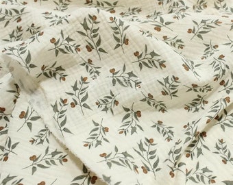 Olive Branch Fabric Olives Print Green Leaf Tree Double Gauze Fabric,  | Muslin Fabric for sewing. Prised by half metre.