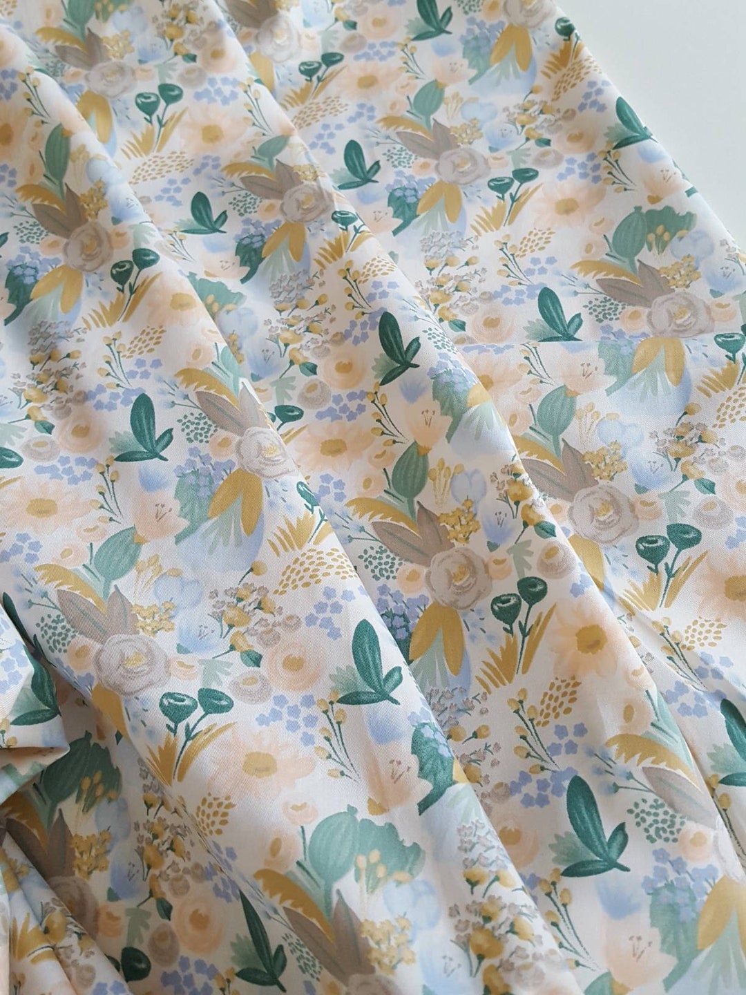 100% Cotton Fabric. the Meadow in Green , Blue and Beige . Floral ...