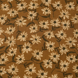 Peut inclure: Gros plan sur un tissu marron avec un motif floral r&eacute;p&eacute;titif. Le motif pr&eacute;sente des fleurs en forme de marguerites blanc cass&eacute; avec des centres et des tiges brun fonc&eacute;. Le mot "TEXTILE" est visible en bas &agrave; droite.