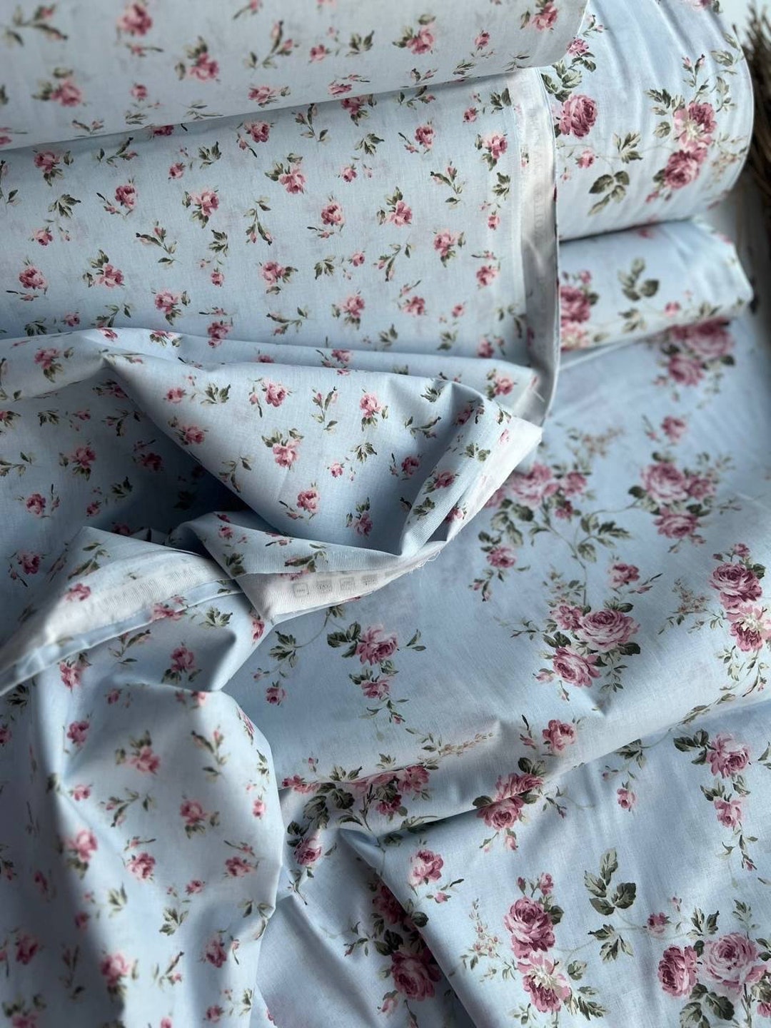 Garden Rose Fabric , Shabby Chic Style Fabric, Light Blue Organic 100