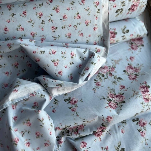 Garden Rose Fabric , Shabby Chic style fabric, Light Blue  Organic 100% cotton  fabric. Width 240 cm/ 94.5" width.