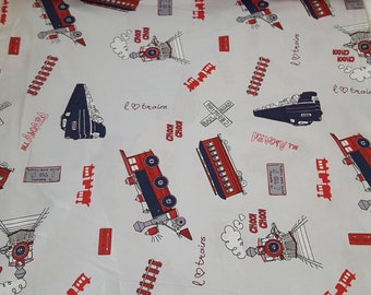 Trains on  grey and blue background.  100% Cotton Fabric . Children's fabric, Boy's fabric.