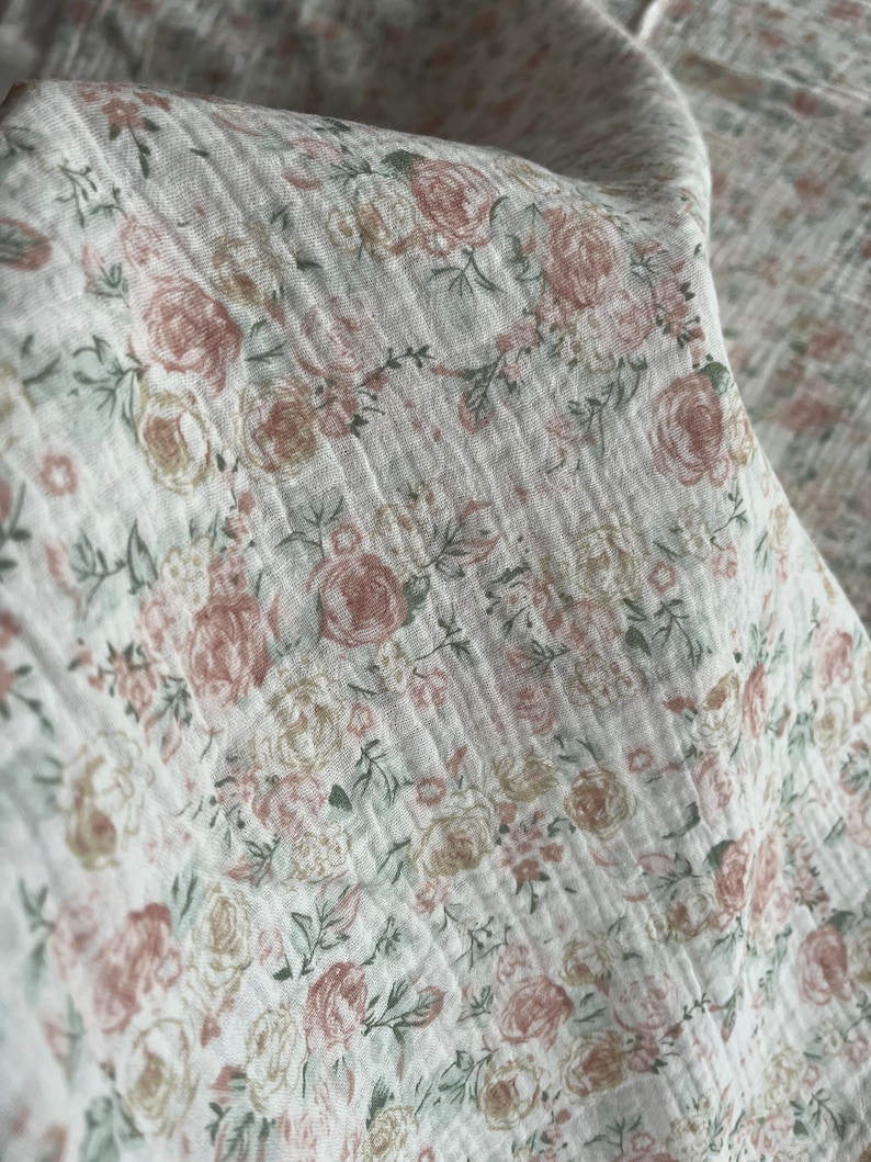 Floral Double Gauze Fabric, Roses on off white background Cotton Fabric Muslin Fabric for sewing. Prised by half metre. image 3
