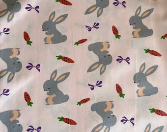 Grey  Bunny Rabbit on pastel pink. Easter Craft Fabric. 100%  Cotton Fabric.