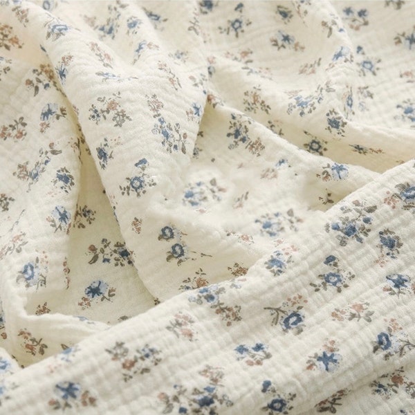 Floral Print Double Gauze Fabric,  Blue Flowers  Cotton Fabric | Muslin Fabric for sewing. Prised by half metre.