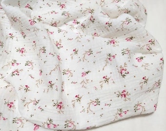 Floral Double Gauze Fabric, Pink  Flowers Cotton Fabric | Muslin Fabric for sewing. Prised by half ,metre.