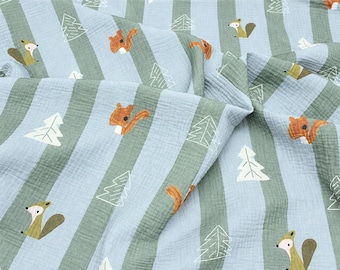Tissu écureuil des bois, tissu en coton animaux de la forêt, mousseline verte et grise, tissu pour enfants, tissu à coudre, 100% coton.