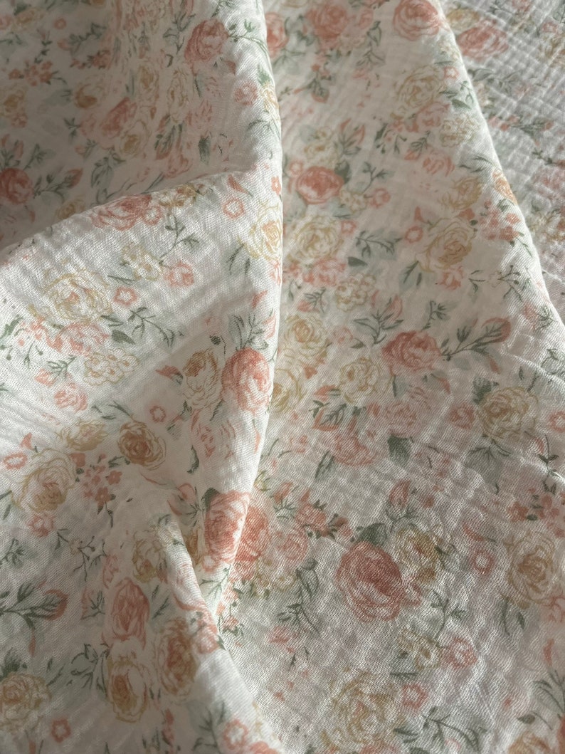 Floral Double Gauze Fabric, Roses on off white background Cotton Fabric Muslin Fabric for sewing. Prised by half metre. image 5