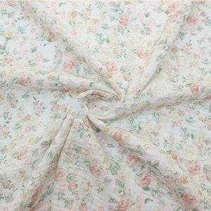 Floral Double Gauze Fabric, Roses on off white background Cotton Fabric Muslin Fabric for sewing. Prised by half metre. image 1