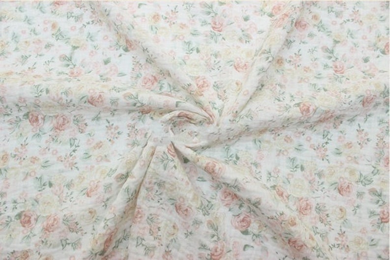 Floral Double Gauze Fabric, Roses on off white background Cotton Fabric Muslin Fabric for sewing. Prised by half metre. image 1