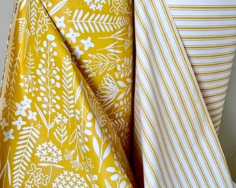 Wildflowers Botanical Fabric in Yellow. White and Yellow  Stripes  Fabric. Quilt Backing extra wide fabric. Egyptian cotton.