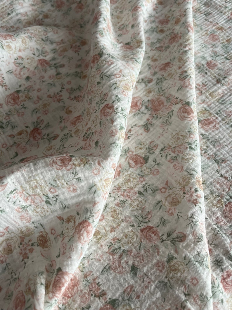 Floral Double Gauze Fabric, Roses on off white background Cotton Fabric Muslin Fabric for sewing. Prised by half metre. image 2