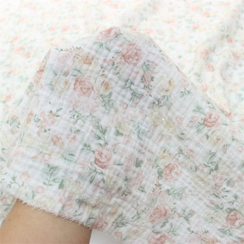 Floral Double Gauze Fabric, Roses on off white background Cotton Fabric Muslin Fabric for sewing. Prised by half metre. image 4