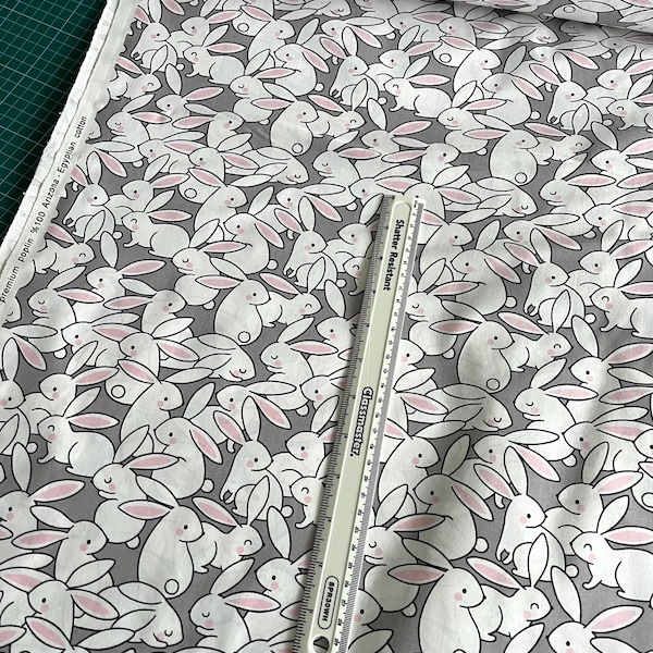 Egyptian Cotton Fabric, Bunny Rabbit  fabric, Grey  .  Premium quality .