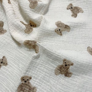 100% Cotton Double Gauze Fabric .Teddy Bear, Hearts on Cream Background . Muslin Fabric for sewing. Prised by half ,metre. Teddy bear