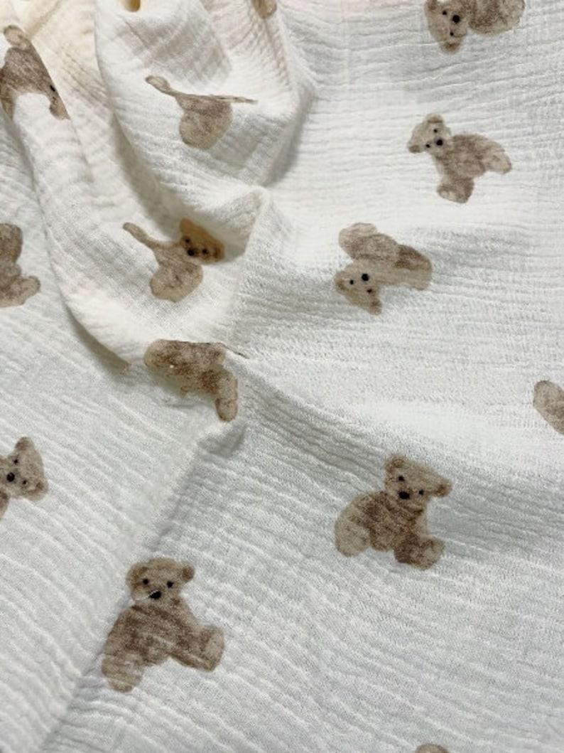 100% Cotton Double Gauze Fabric .Teddy Bear, Hearts on Cream Background . Muslin Fabric for sewing. Prised by half ,metre. Teddy bear