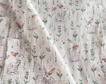 Bunny Rabbit  Double Gauze Fabric, 100% Cotton  fabric for sewing. Prised by half metre.