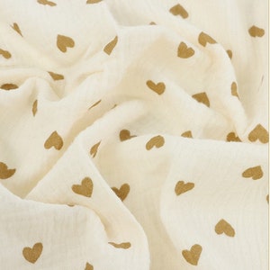100% Cotton Double Gauze Fabric .Teddy Bear, Hearts on Cream Background . Muslin Fabric for sewing. Prised by half ,metre. Hearts