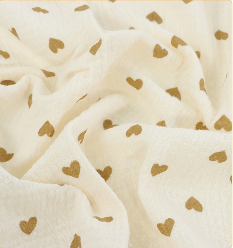 100% Cotton Double Gauze Fabric .Teddy Bear, Hearts on Cream Background . Muslin Fabric for sewing. Prised by half ,metre. Hearts
