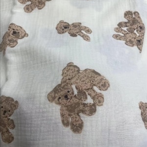 100% Cotton Double Gauze Fabric .Teddy Bear, Hearts on Cream Background . Muslin Fabric for sewing. Prised by half ,metre. Twins Teddy Bear