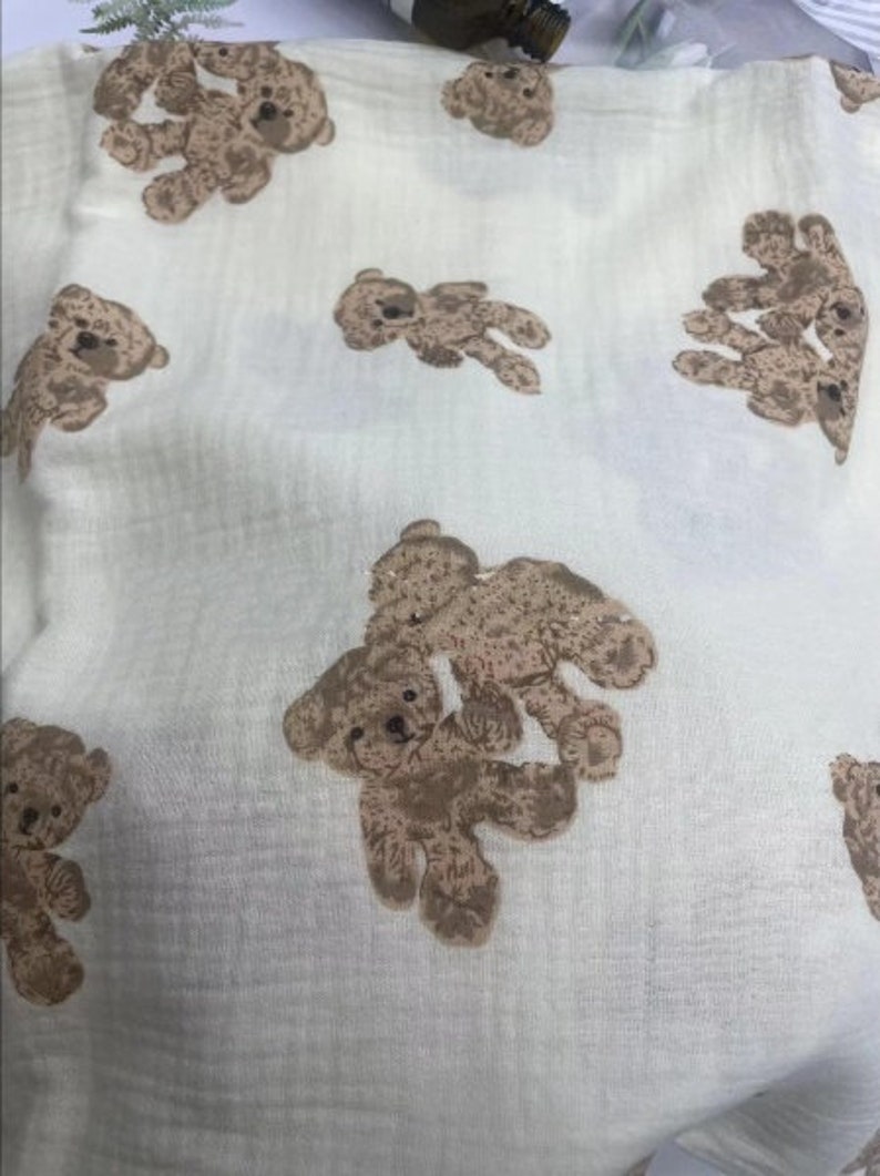 100% Cotton Double Gauze Fabric .Teddy Bear, Hearts on Cream Background . Muslin Fabric for sewing. Prised by half ,metre. Twins Teddy Bear